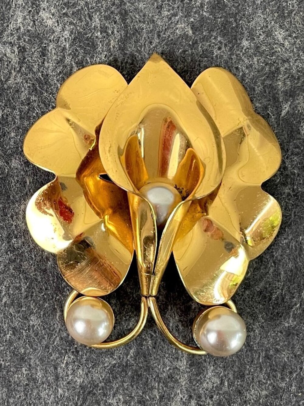 Orchid Brooch with Pearl Accents - Gold Tone Statement Pin - 1960s vintage